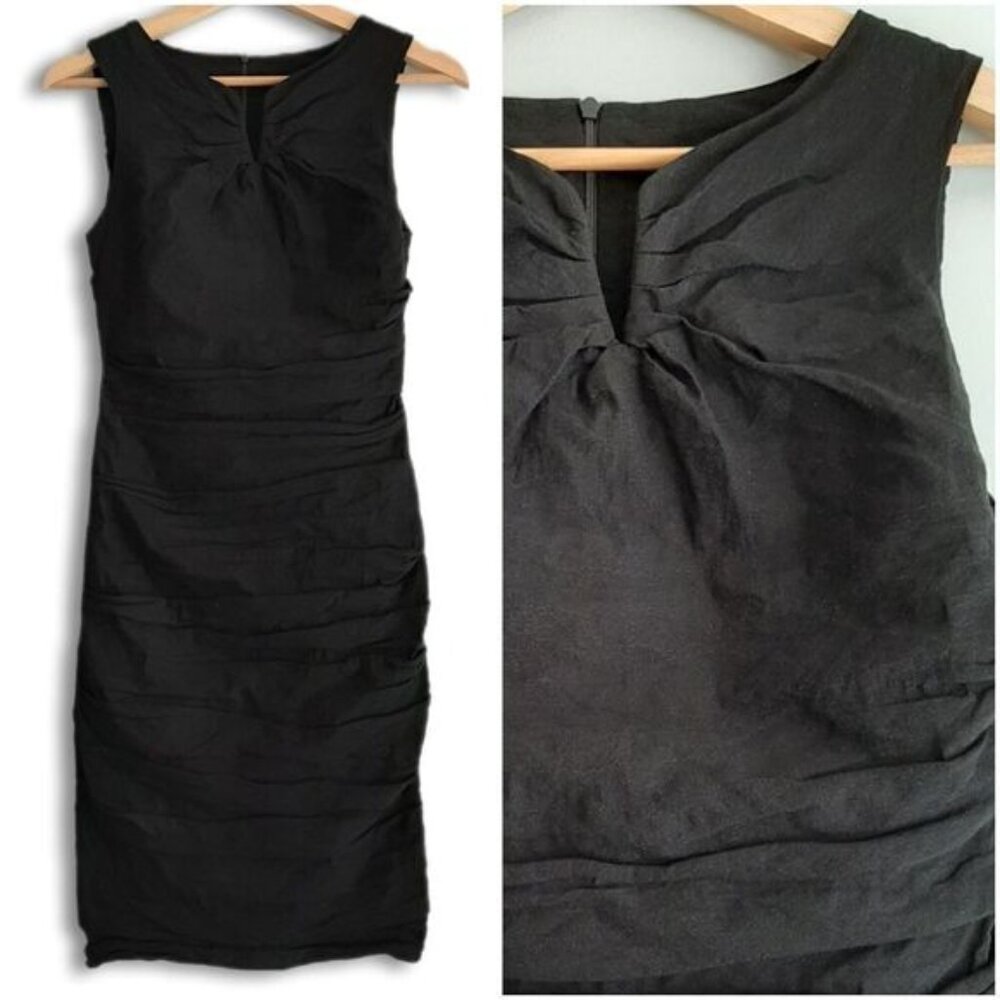 JOSEPH RIBKOFF Sleeveless Fitted Black Midi Dress Gathered Fabric Sz 8